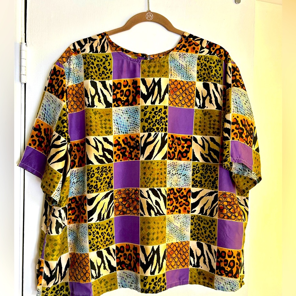 RARE Two Twenty Silk Blouse Animal Print Purple Tan Squares Short Sleeve, XL